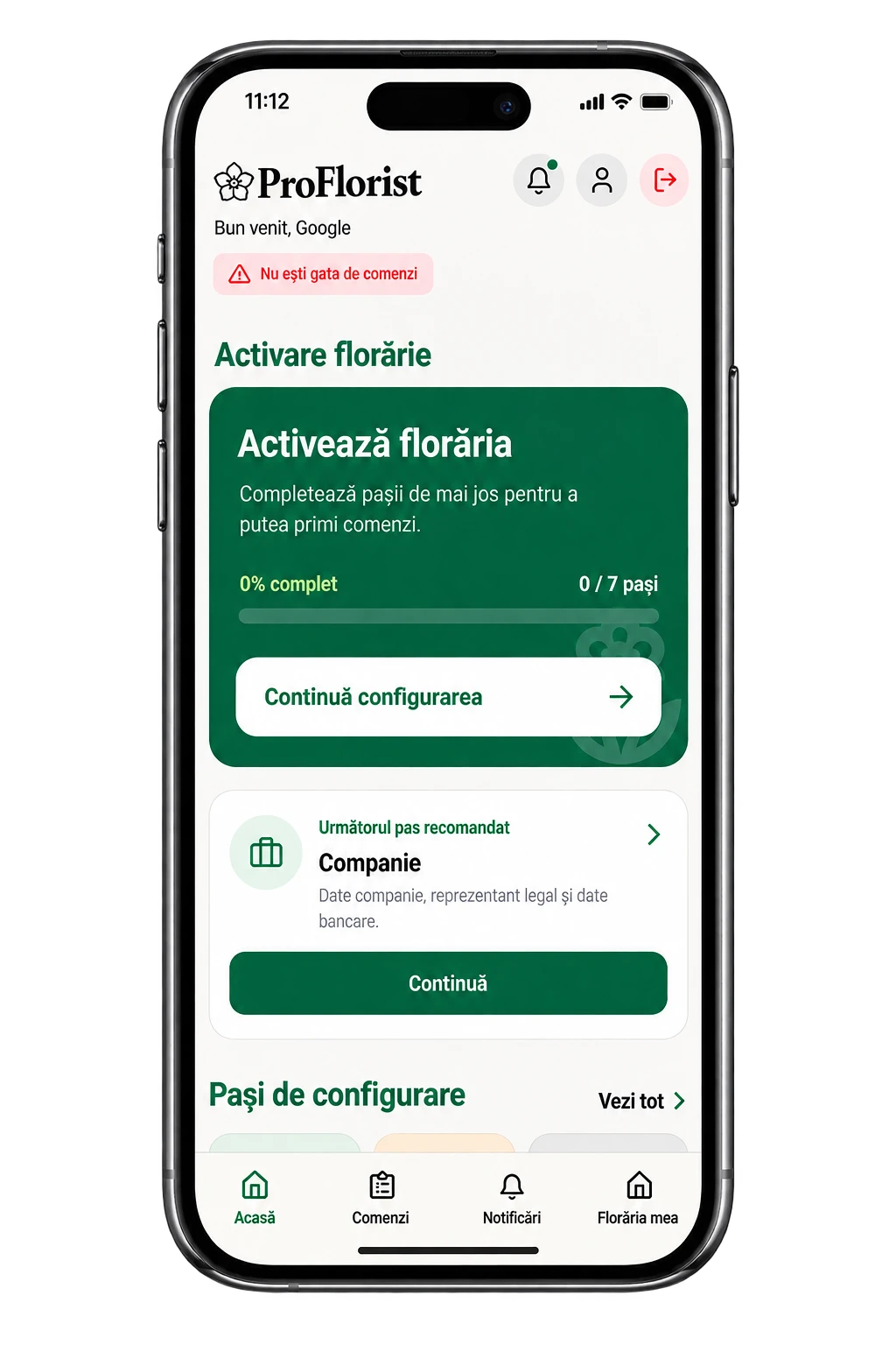 Aplicația ProFlorist Business afișată pe un telefon întreg