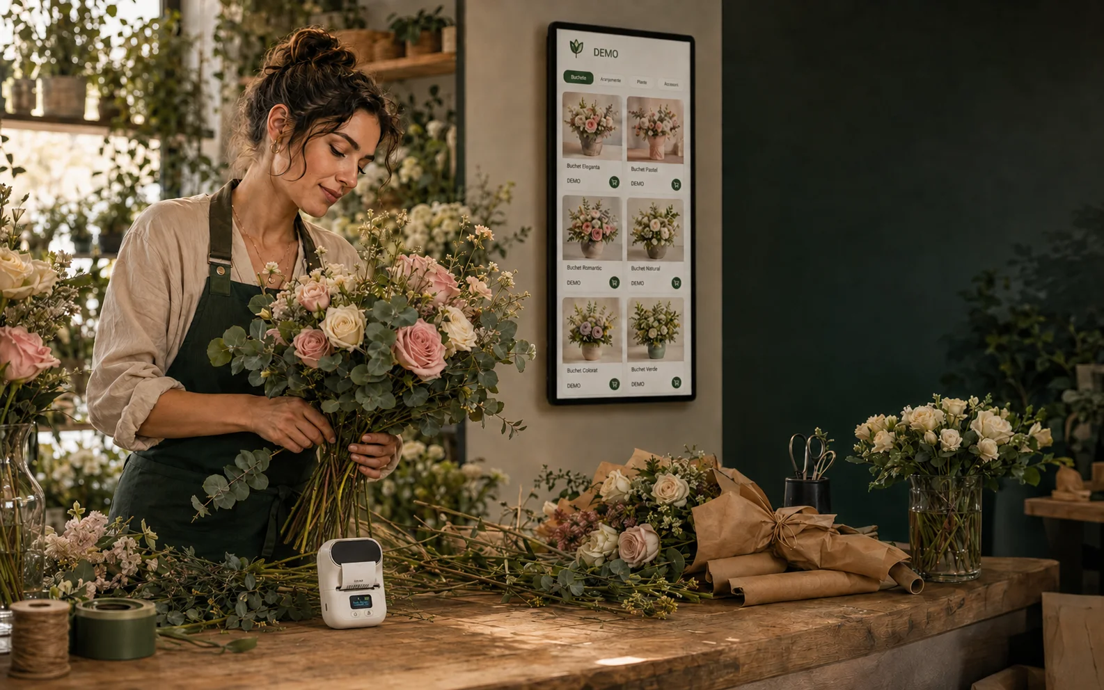 Floristă lucrând într-un atelier floral modern, cu imprimantă compactă și catalog digital ProFlorist