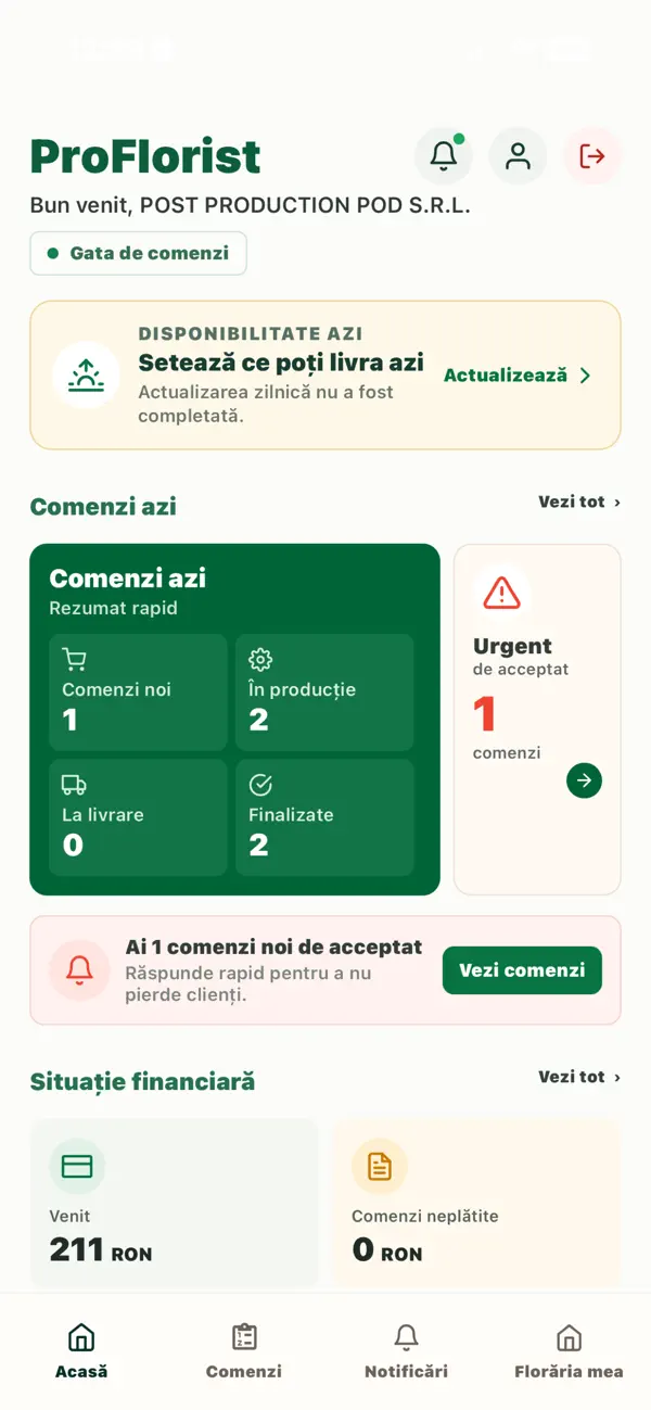 Ecranul principal al aplicației ProFlorist pentru florării