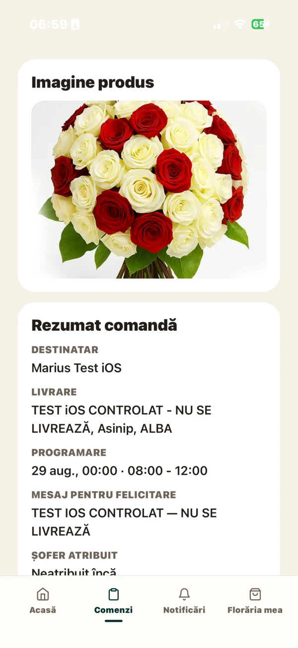 Produsul, programarea și mesajul aceleiași comenzi de test ProFlorist.