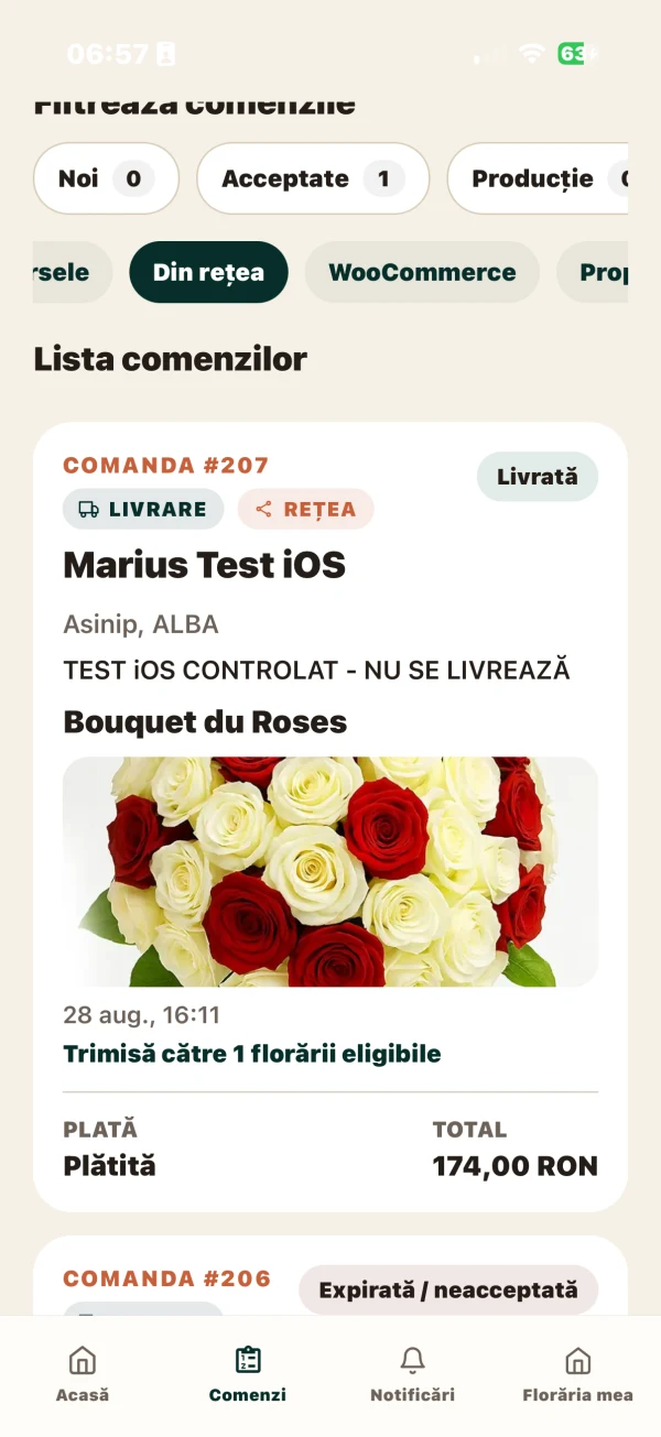 Lista comenzilor în ProFlorist Florist, cu filtre și comanda demonstrativă 207.