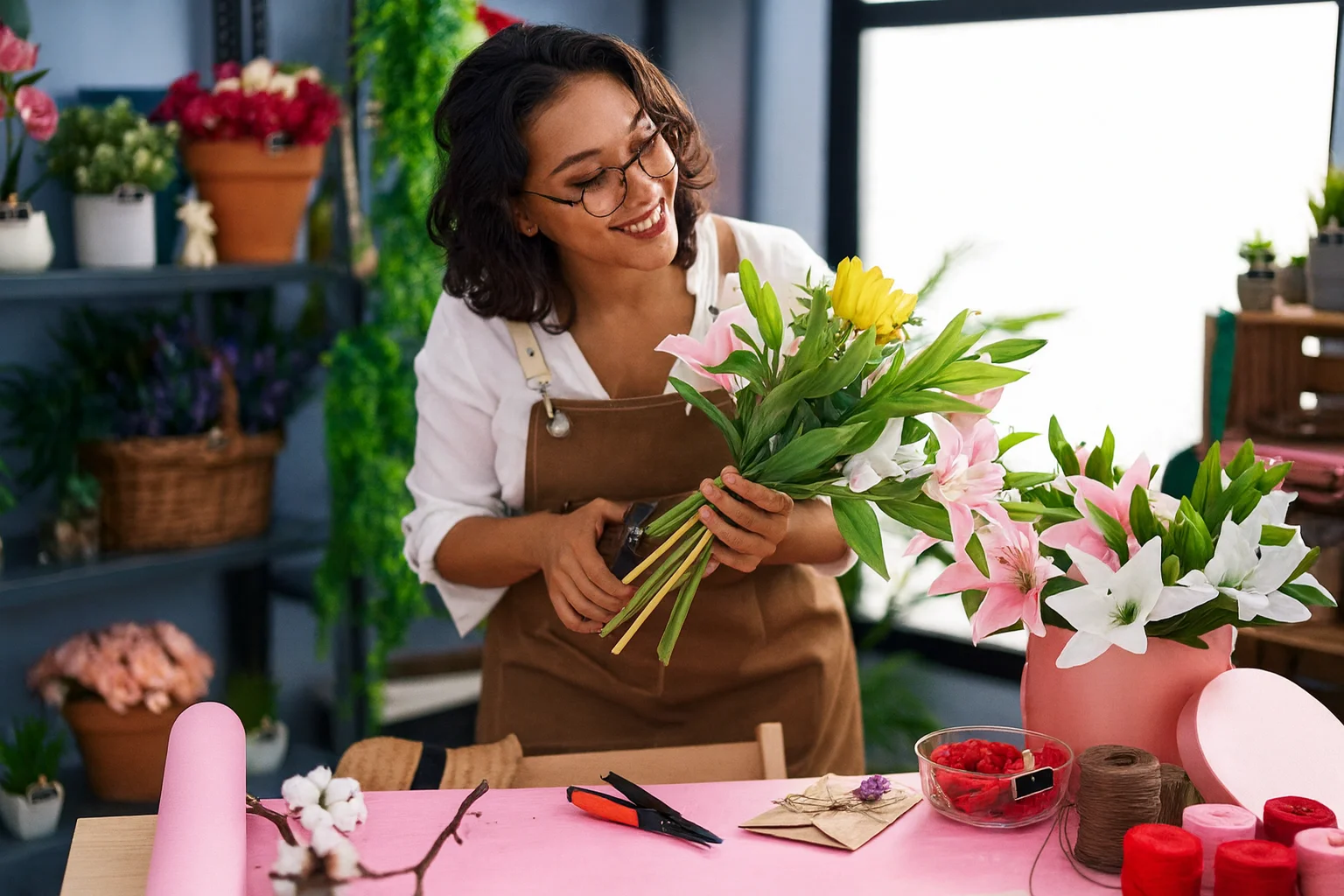 Florist care pregătește un buchet în timpul unei discuții ProFlorist