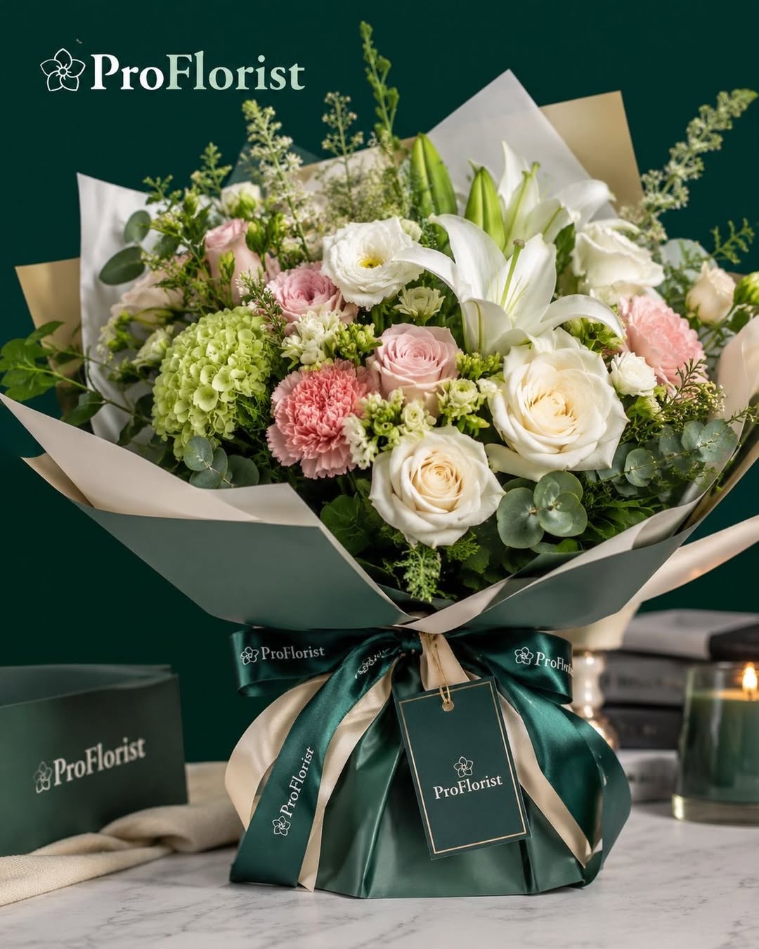 Buchet cu flori albe și roz, ambalaj verde și identitate ProFlorist