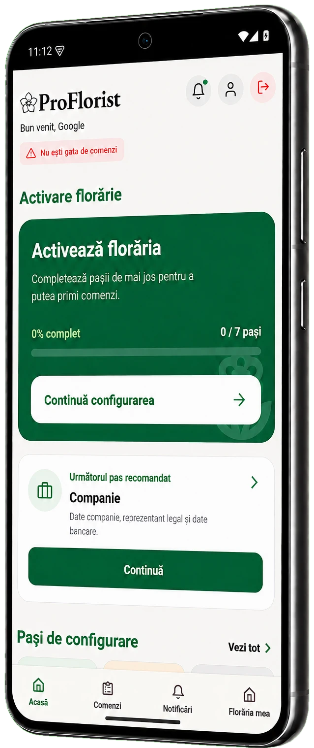 Aplicația ProFlorist pentru florării, cu ecranul de activare și configurare