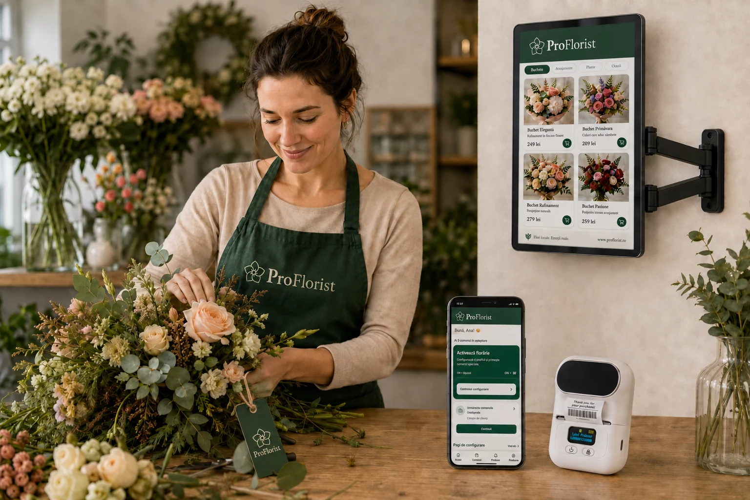 Floristă lucrând cu aplicația ProFlorist, imprimantă compactă și catalog digital