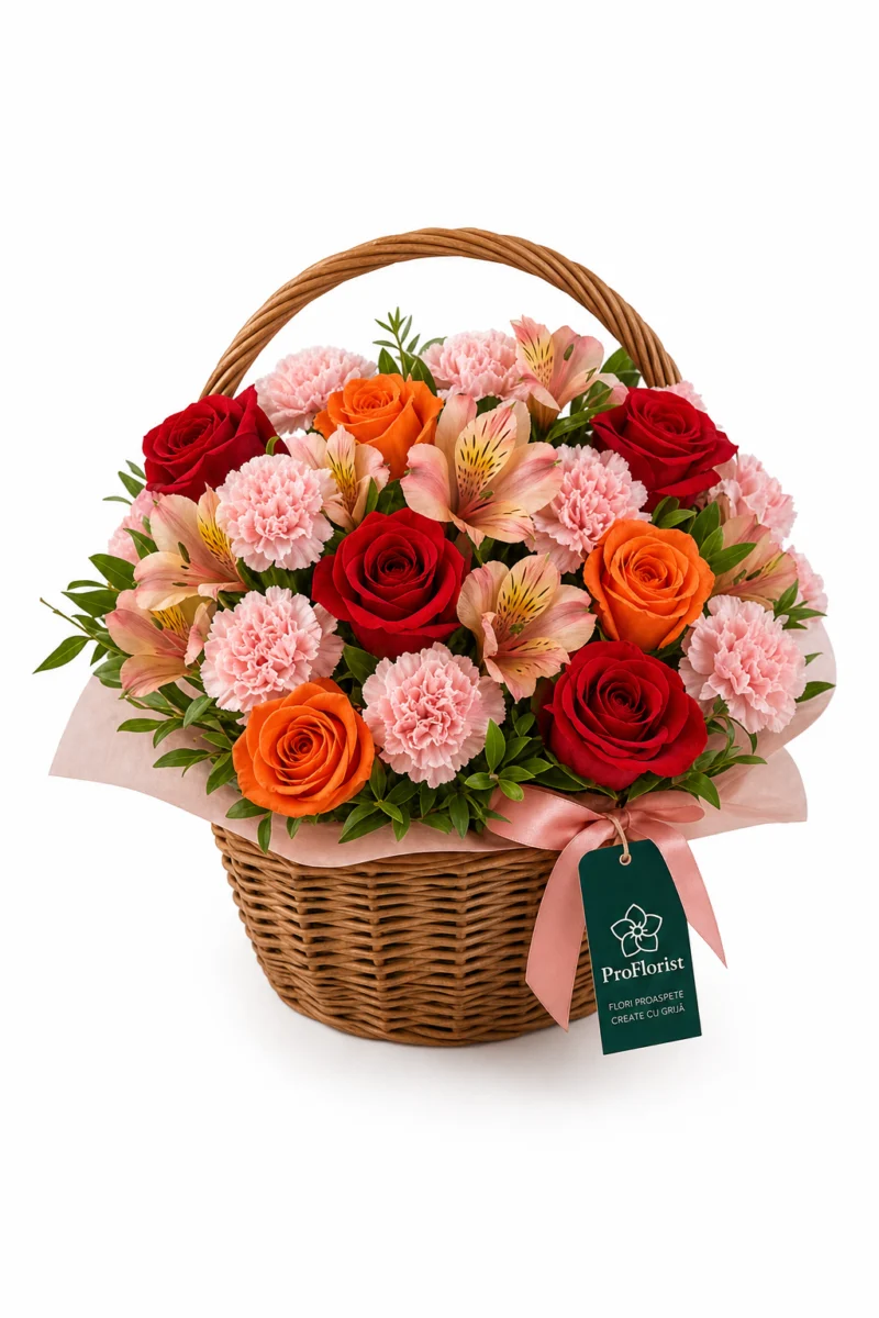 Aranjament Floral Premium cu Alstroemeria și Garoafe Roz și Portocalii