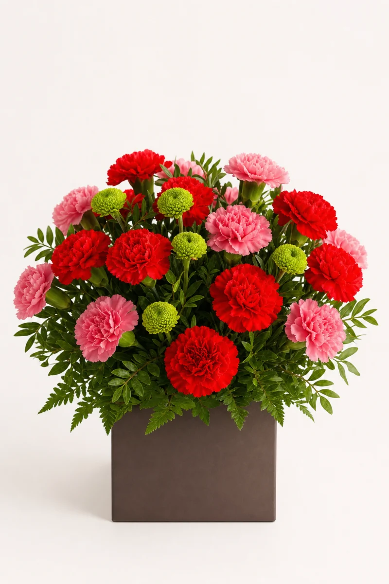 Cutie florală cu garoafe roșii, garoafe roz și crizanteme verzi