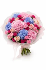 Buchet hortensii si trandafiri minirosa – imaginea 1