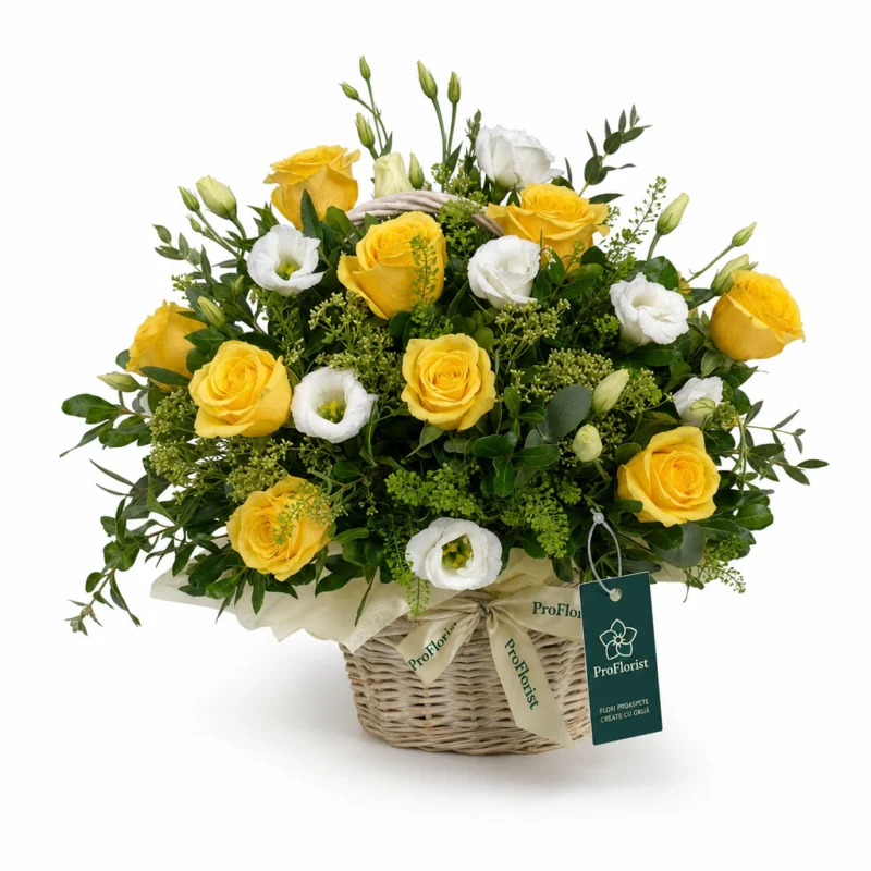 Aranjament Floral Premium cu Lisianthus și Trandafiri Albe și Galbene