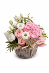 Aranjament Floral Premium cu Lisianthus și Hortensie Albe și Roz – imaginea 1