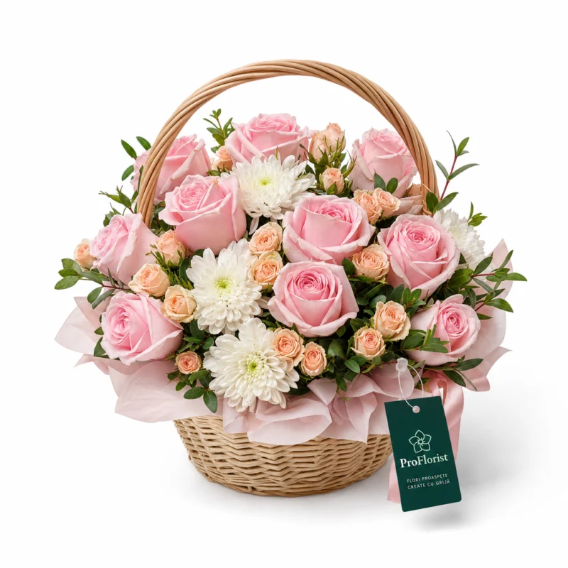 Aranjament Floral Premium cu Chrysanthemum și Trandafiri Albe și Roz