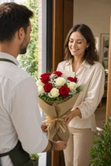 Buchet trandafiri rosii si albi cu gypsophila – imaginea 2