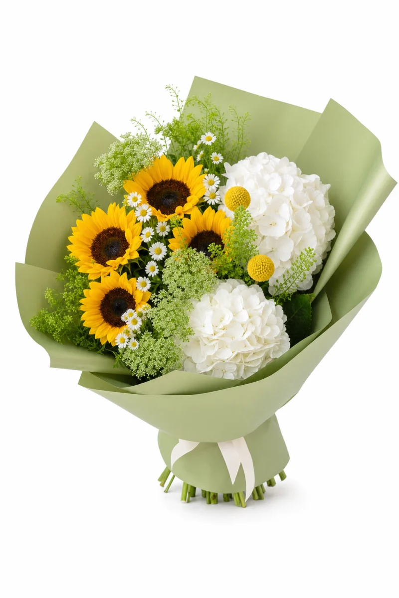 Buchet floarea soarelui si hortensii