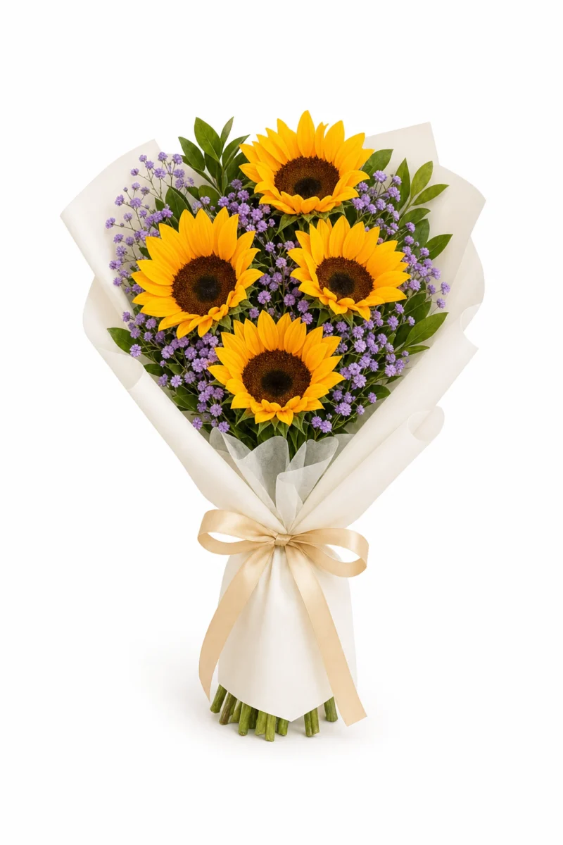Buchet cu floarea-soarelui si gypsophila