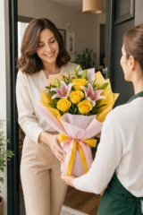 Trandafiri galbeni si crini roz – imaginea 2