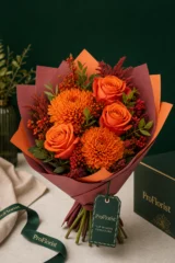 Buchet Premium cu Chrysanthemum și Trandafiri Bordo și Portocalii – imaginea 3