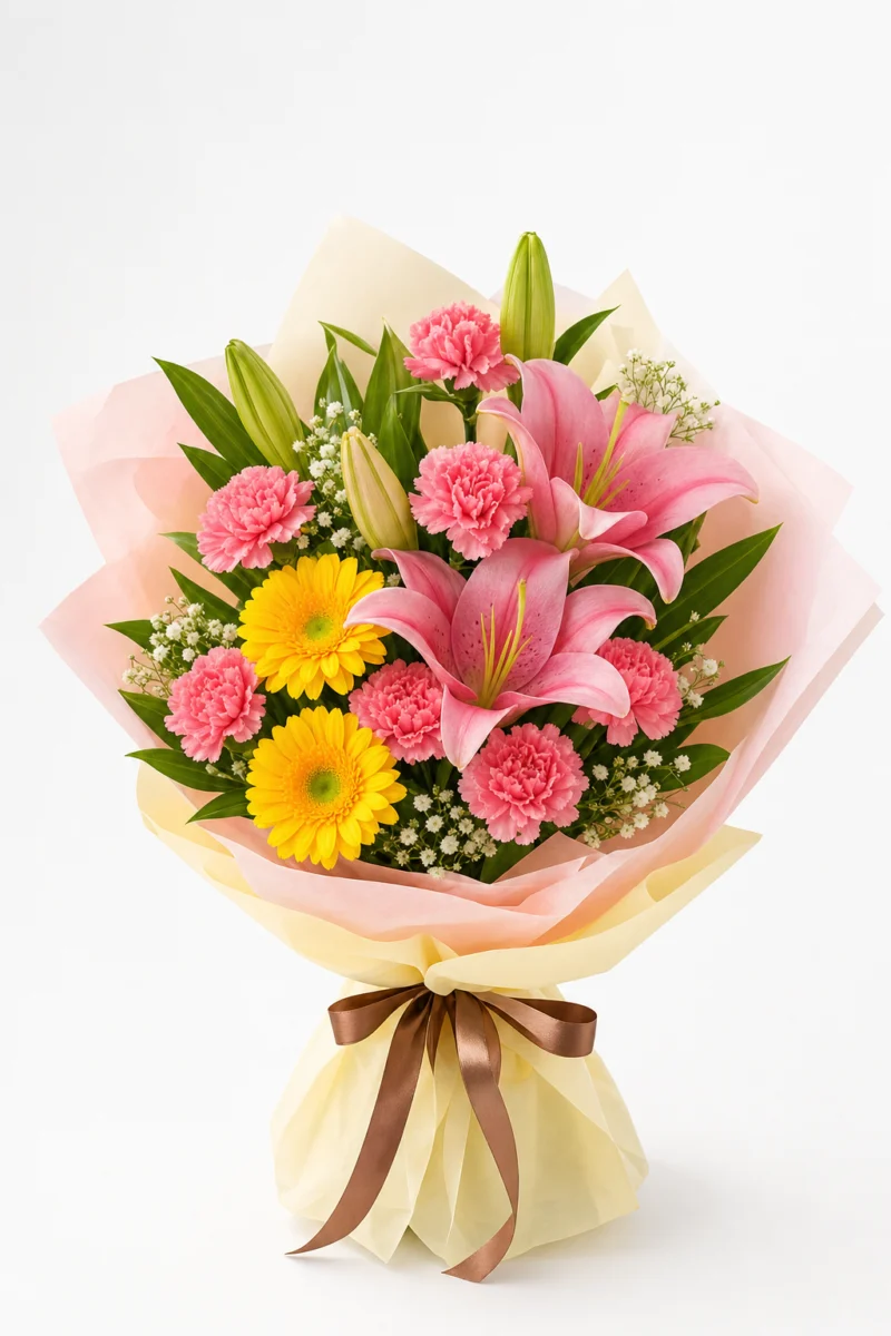 Buchet cu gerbera, garoafe roz și crini roz