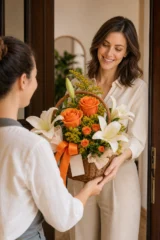 Aranjament Floral cu Solidago și Trandafiri Portocalii – imaginea 2