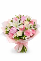 Buchet roz parfumat cu bujori, frezii, crini – imaginea 1