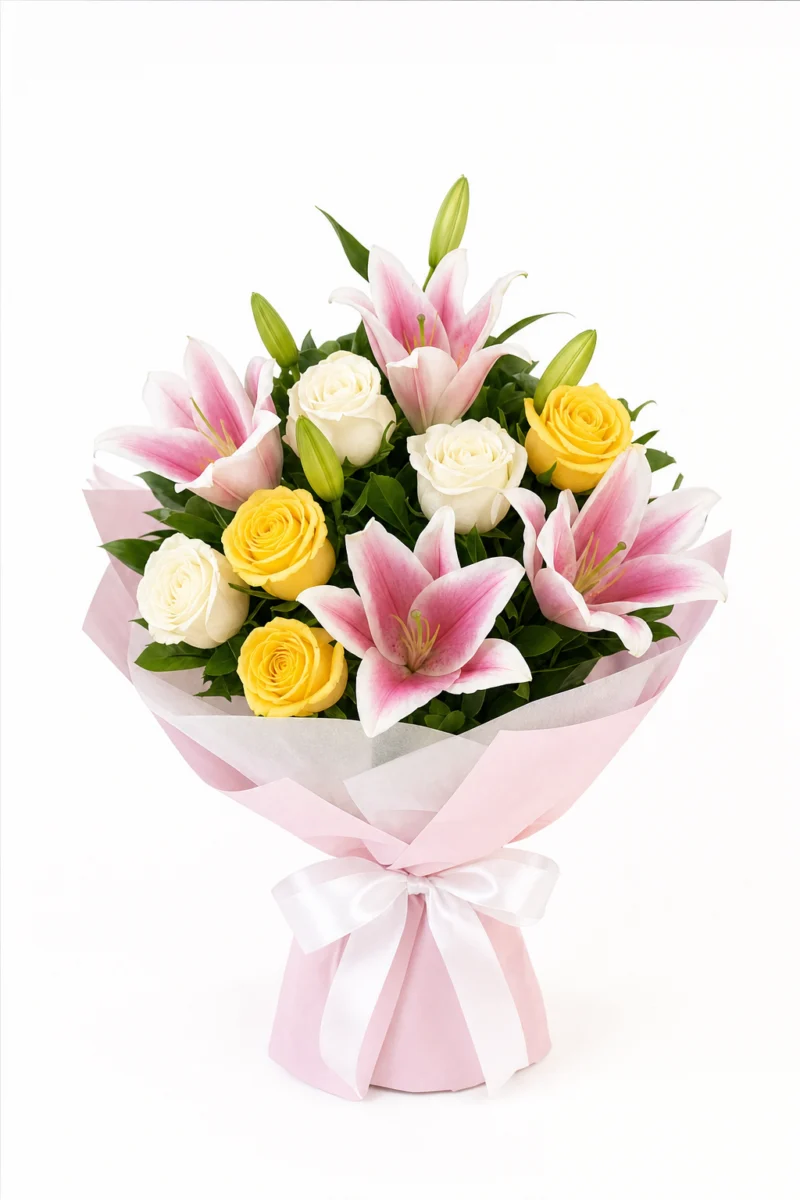 Buchet trandafiri albi, galbeni si crini roz