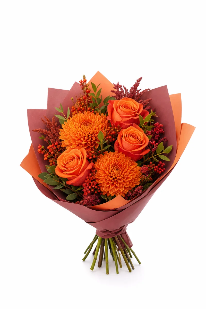 Buchet Premium cu Chrysanthemum și Trandafiri Bordo și Portocalii