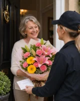 Buchet cu gerbera, garoafe roz și crini roz – imaginea 2