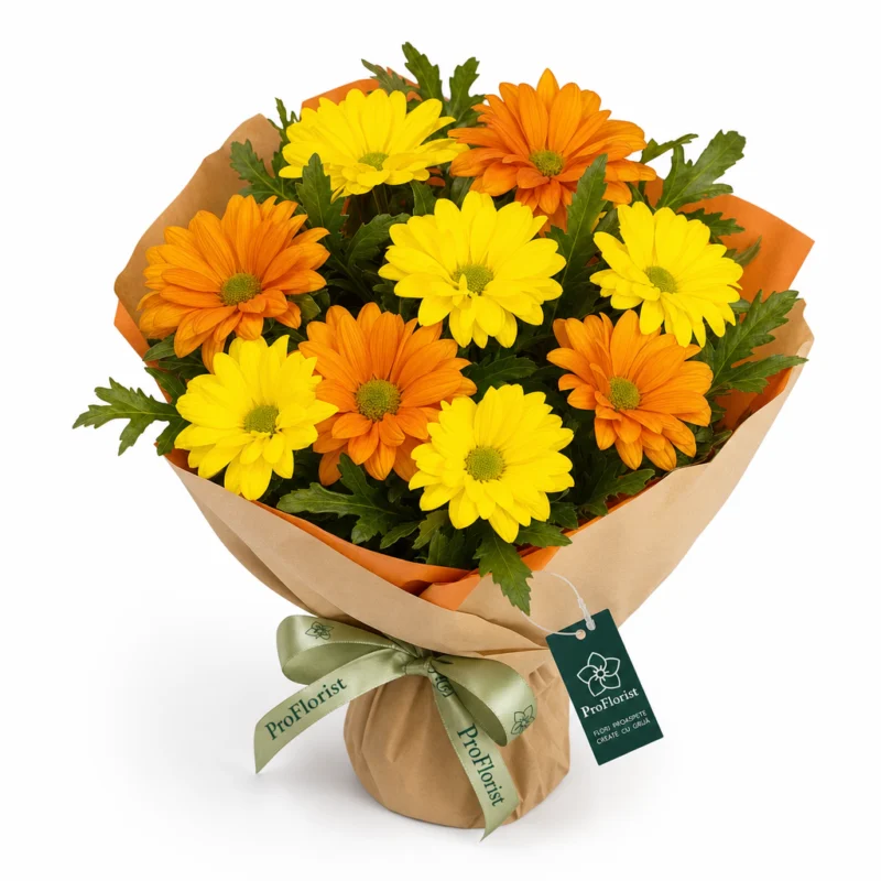 Buchet Premium cu Chrysanthemum Galbene și Portocalii